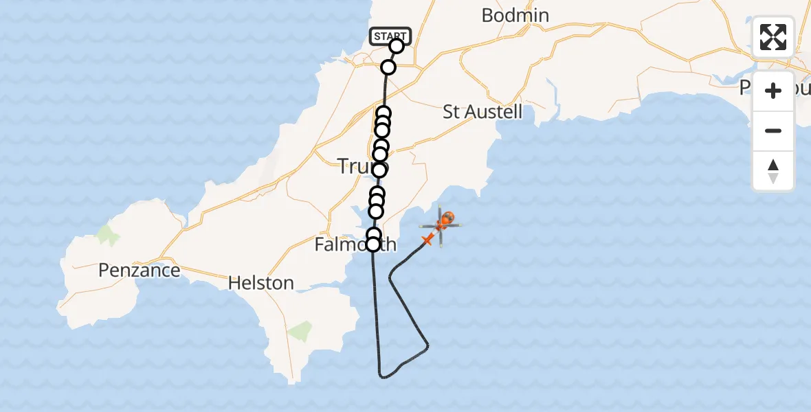 Flight path map showing Coastguard Helicopter route from Cornwall Airport Newquay to English Channel