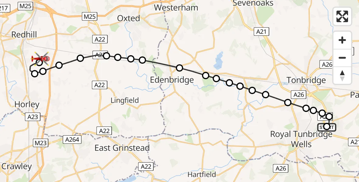 Flight path map showing Air Ambulance Helicopter route from Tunbridge Wells Hospital Heliport to Redhill Aerodrome