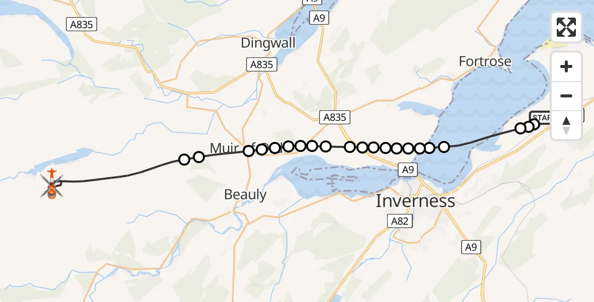 Flight path map showing Coastguard Helicopter route from Inverness Airport to Aultgowrie