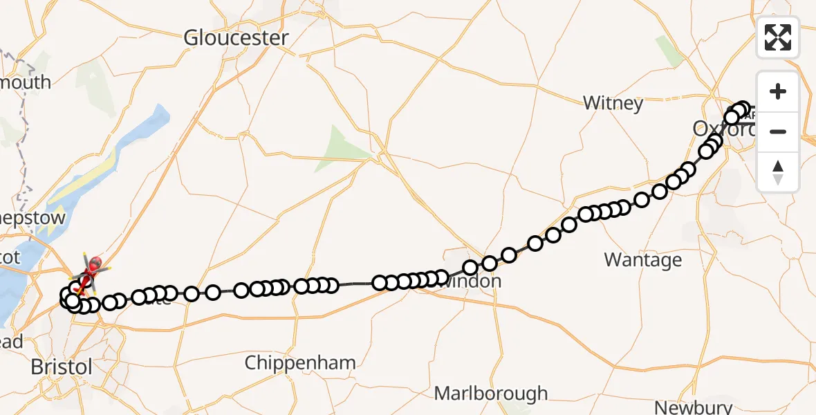 Flight path map showing Air Ambulance Helicopter route from Oxford to Rudgeway