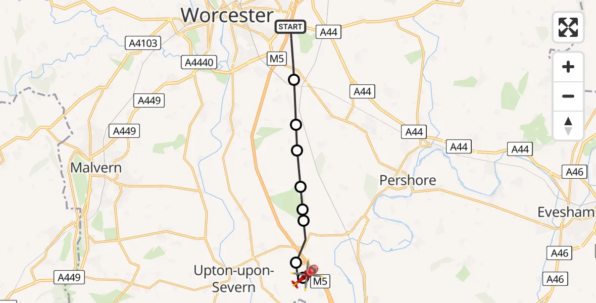 Flight path map showing Air Ambulance Helicopter route from Wychavon to Hill Croome