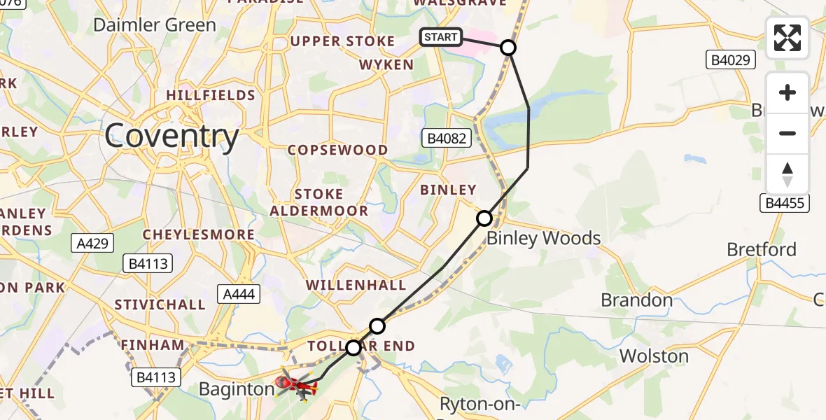 Flight path map showing Air Ambulance Helicopter route from Coventry to Coventry Airport