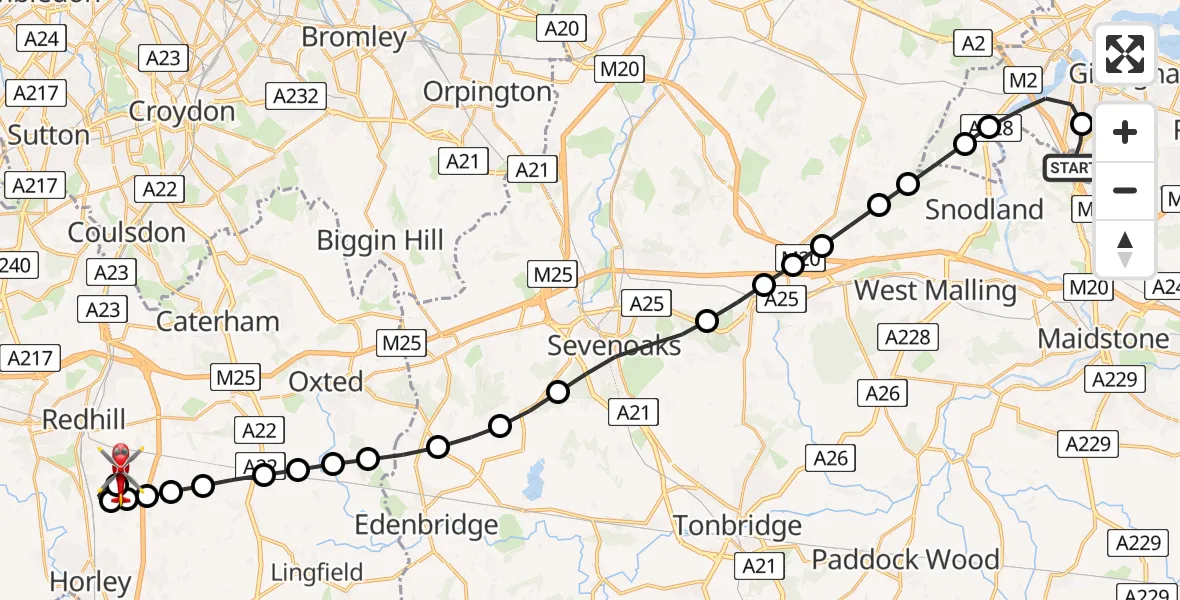 Flight path map showing Air Ambulance Helicopter route from Rochester Airport to Redhill Aerodrome