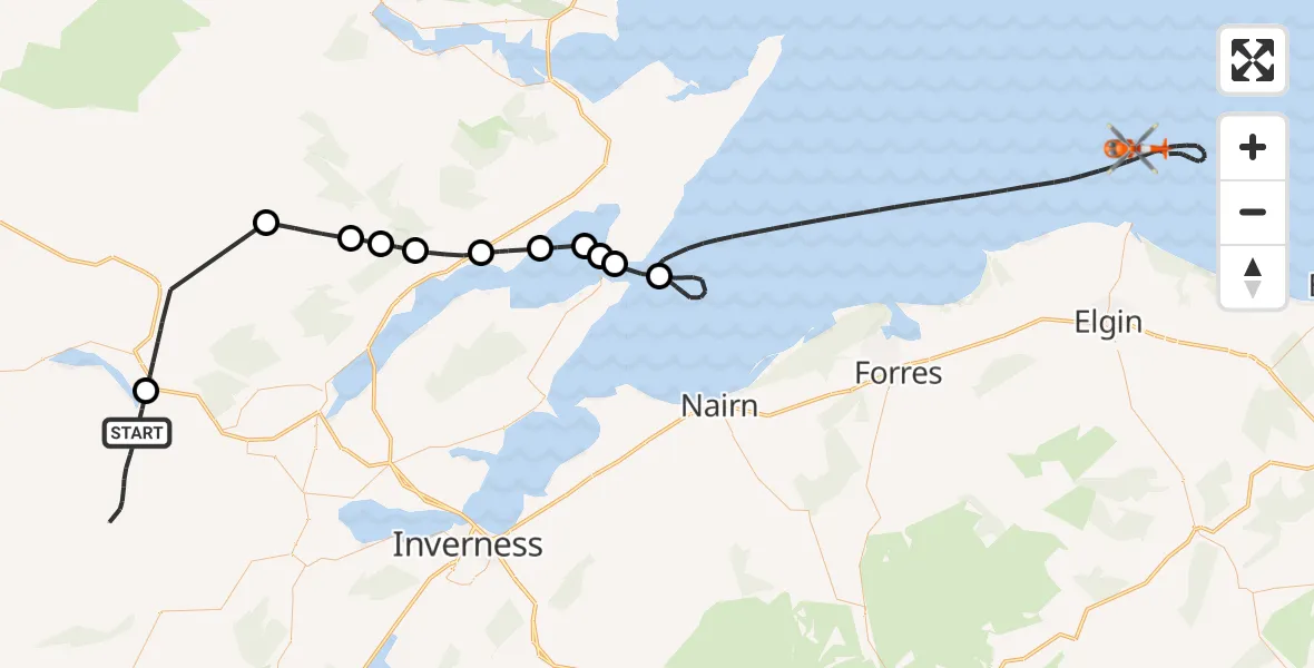 Flight path map showing Coastguard Helicopter route from Scatwell to North Sea