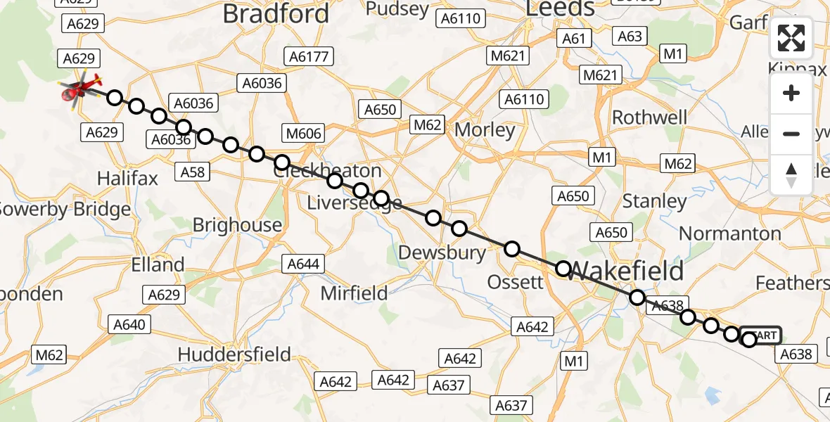 Flight path map showing Air Ambulance Helicopter route from YAA Nostell Helicopter Port to Calderdale