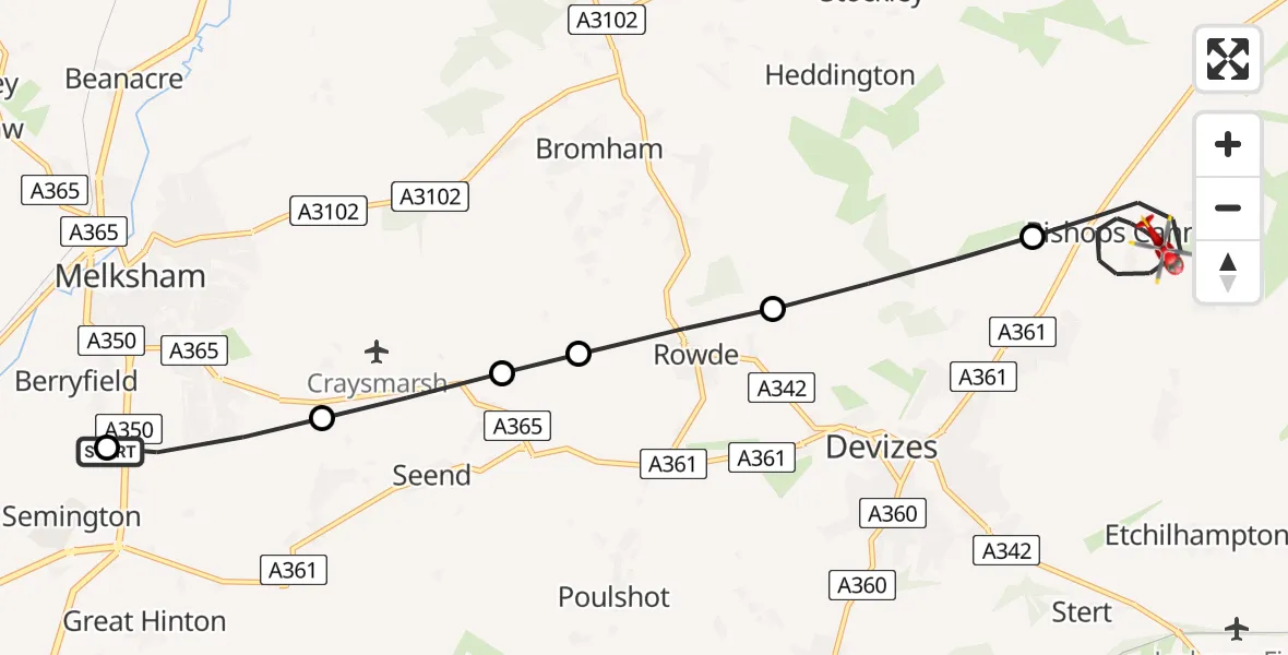Flight path map showing Air Ambulance Helicopter route from Wiltshire Air Ambulance to Bishops Cannings