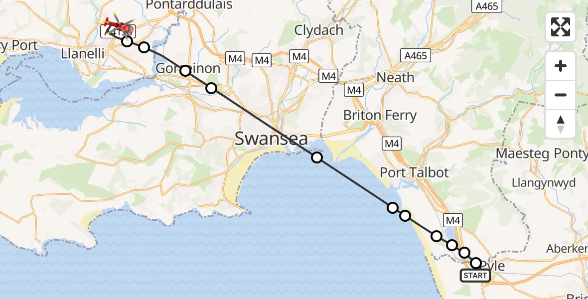 Flight path map showing Air Ambulance Helicopter route from North Cornelly to Dafen