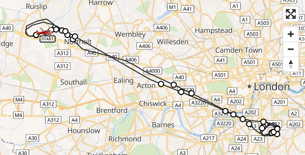 Flight path map showing Air Ambulance Helicopter route from RAF Northolt to RAF Northolt