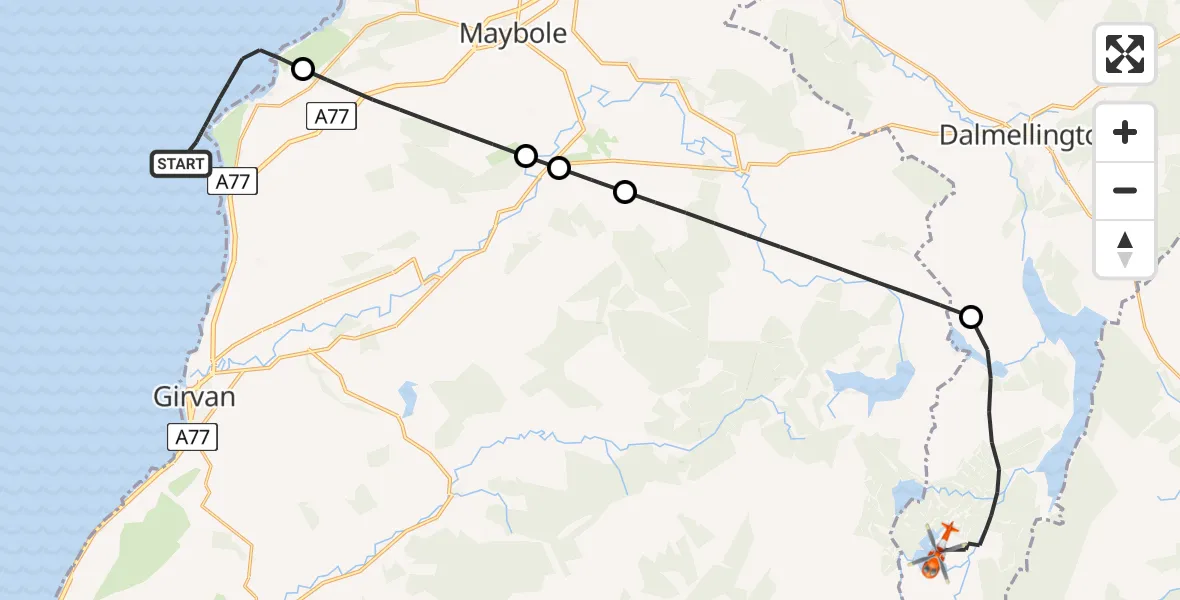 Flight path map showing Coastguard Helicopter route from Inner Seas to Dalmellington