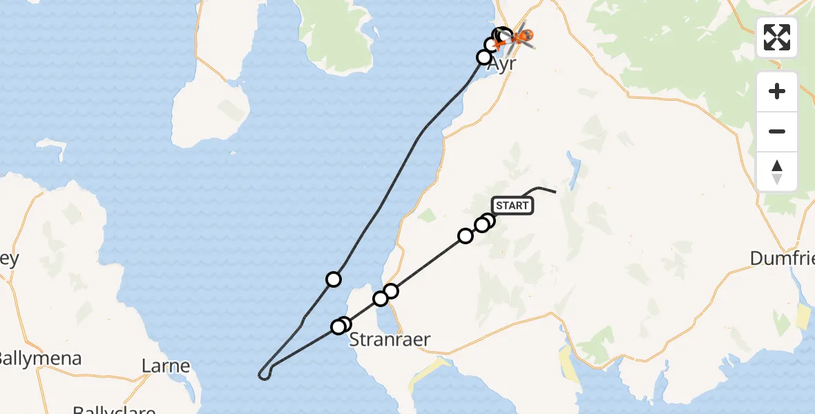 Flight path map showing Coastguard Helicopter route from Glentrool Village to Glasgow Prestwick Airport