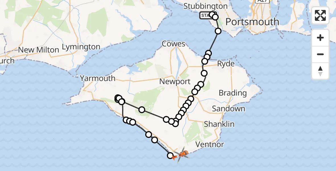 Flight path map showing Coastguard Helicopter route from Solent Airport to Niton