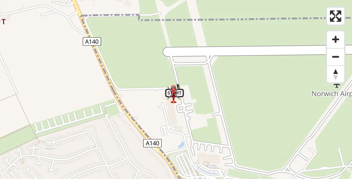 Flight path map showing Air Ambulance Helicopter route from Norwich Airport to Norwich Airport