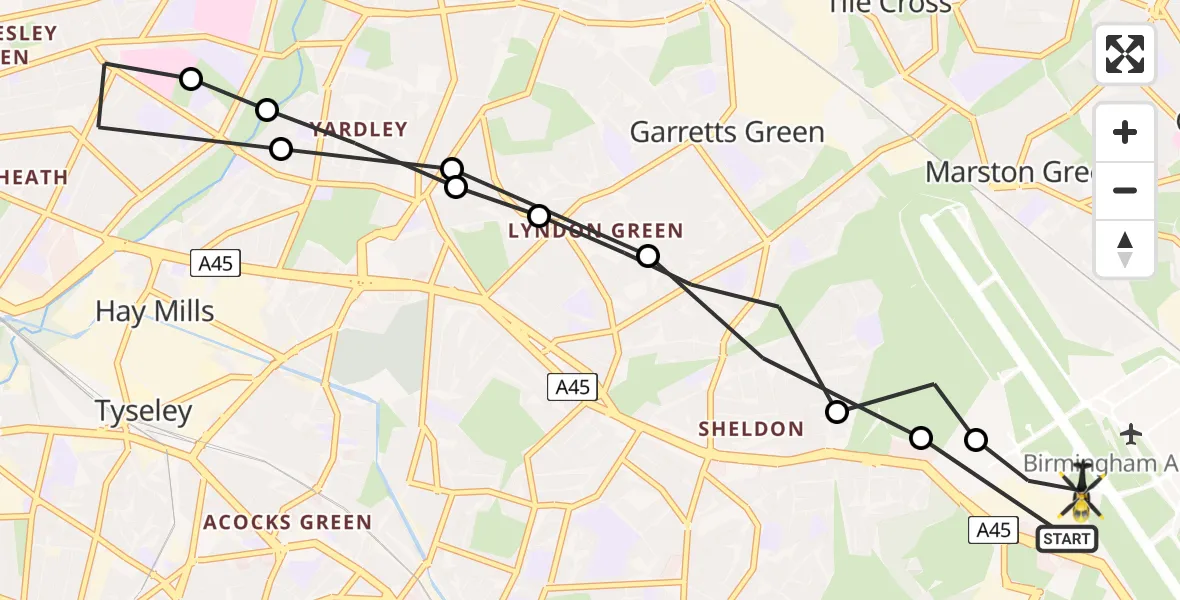 Flight route Police Helicopter Birmingham Airport - Birmingham Airport, 18 March 2026, 19:58