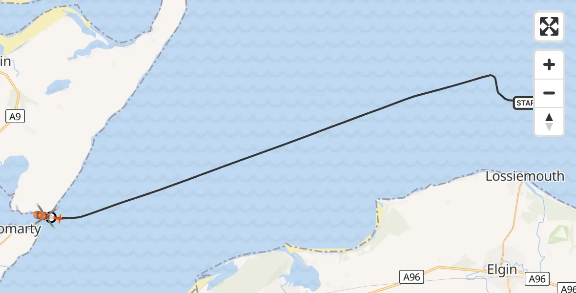 Flight path map showing Coastguard Helicopter route from North Sea to Castlecraig