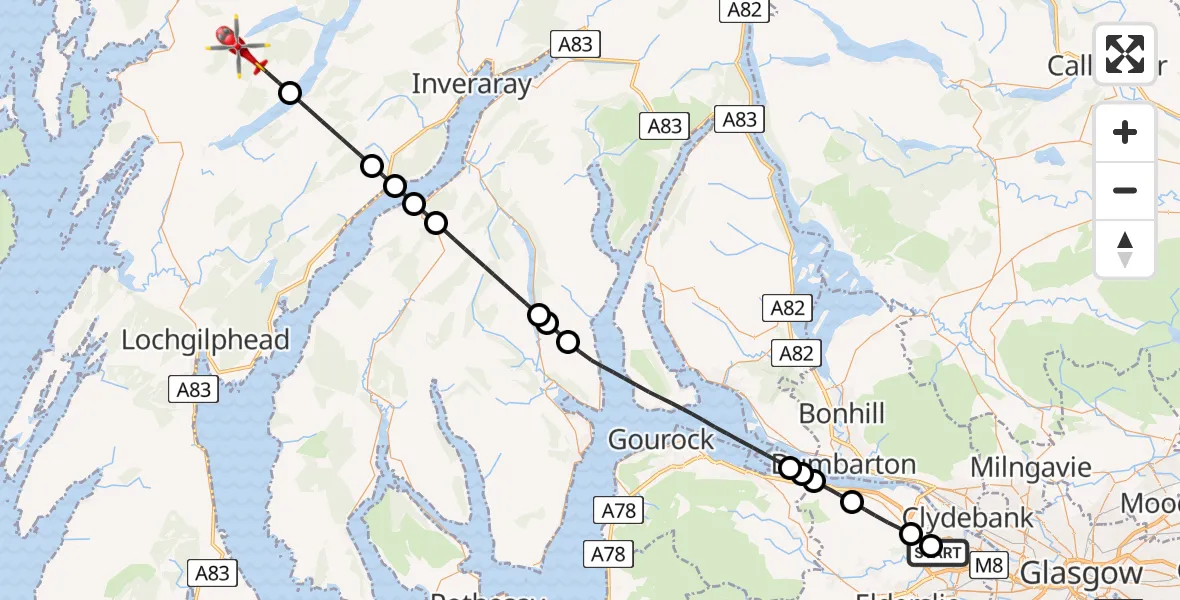 Flight path map showing Air Ambulance Helicopter route from Glasgow Airport to Loch Awe