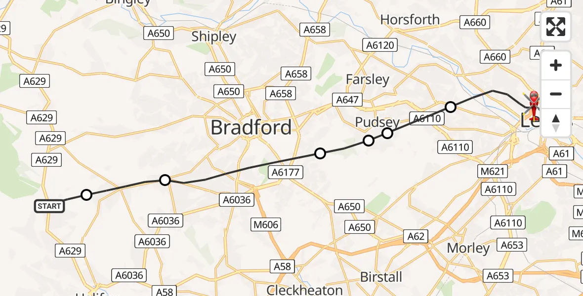 Flight path map showing Air Ambulance Helicopter route from Calderdale to Leeds