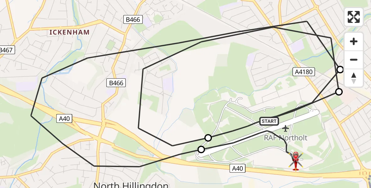 Flight path map showing Air Ambulance Helicopter route from RAF Northolt to RAF Northolt