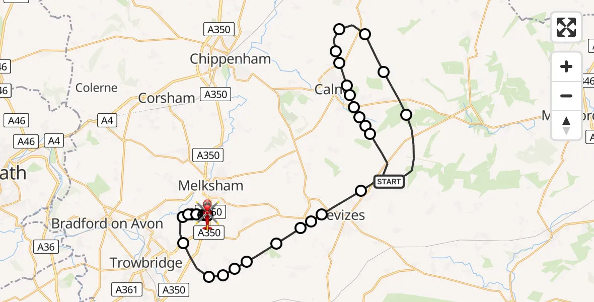 Flight path map showing Air Ambulance Helicopter route from Bishops Cannings to Wiltshire Air Ambulance