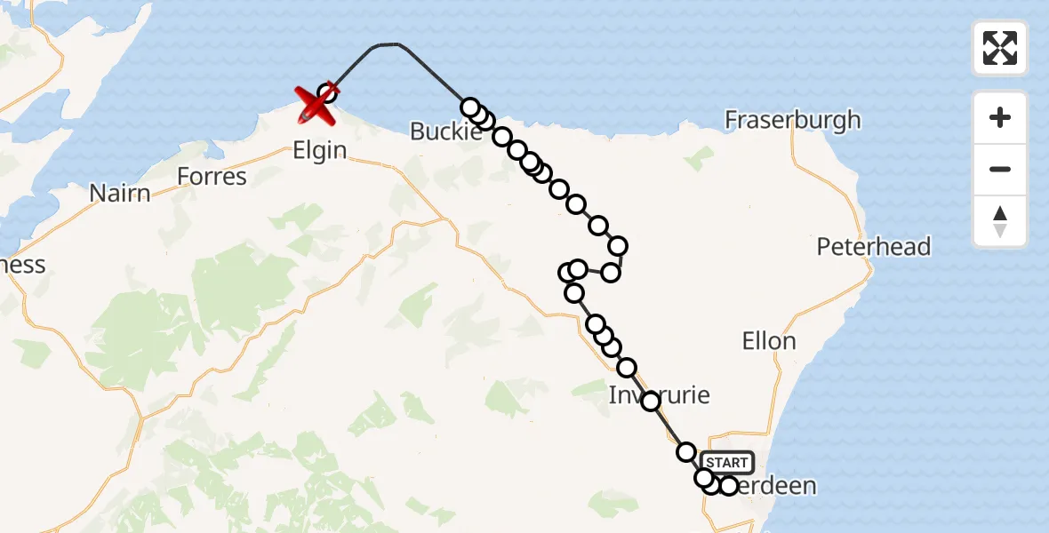 Flight path map showing Air Ambulance Aircraft route from Aberdeen City to Lossiemouth