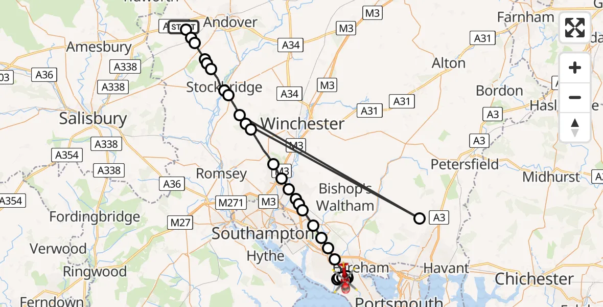 Flight path map showing Air Ambulance Helicopter route from Thruxton to Stubbington