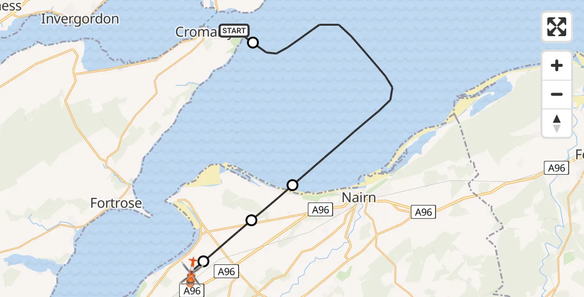 Flight path map showing Coastguard Helicopter route from Cromarty to Inverness Airport
