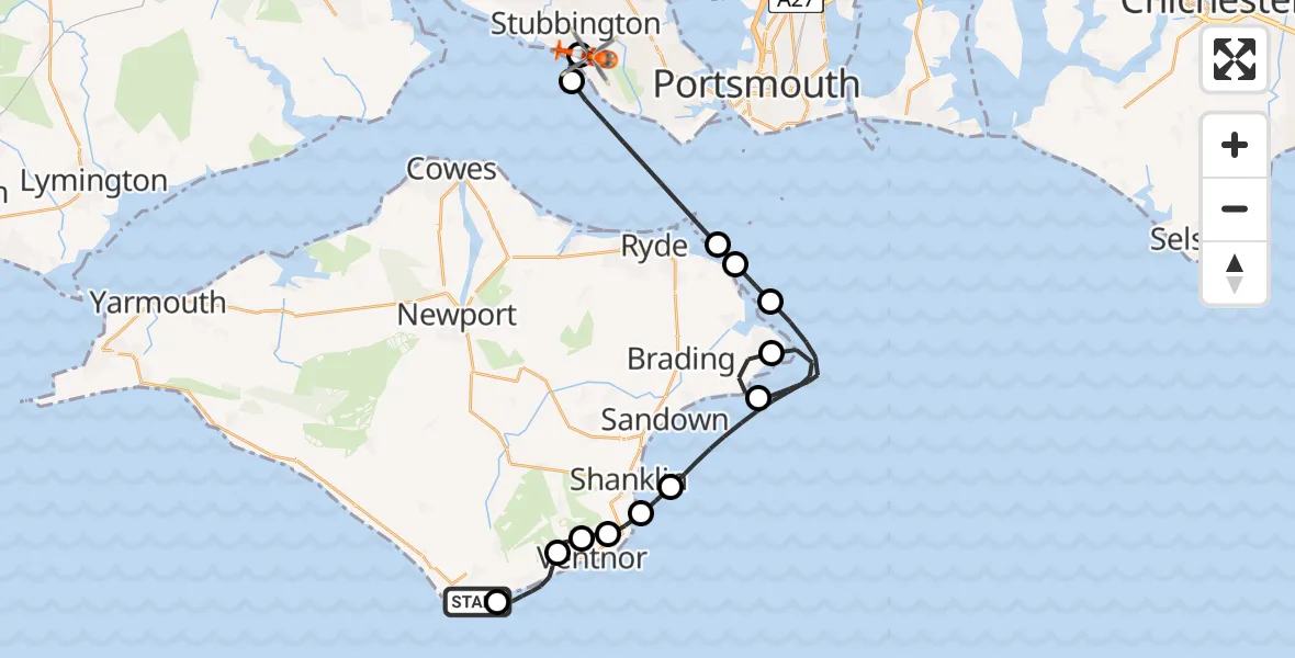 Flight path map showing Coastguard Helicopter route from Niton to Solent Airport