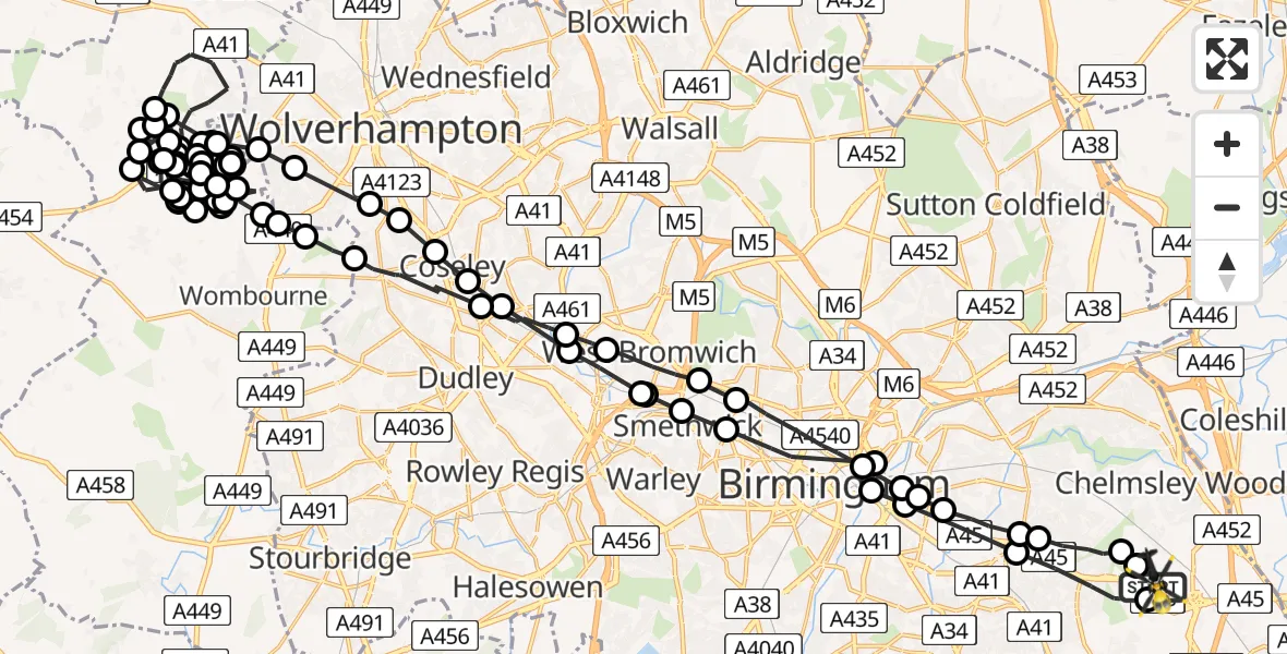 Flight route Police Helicopter Birmingham Airport - Birmingham Airport, 18 March 2026, 20:37