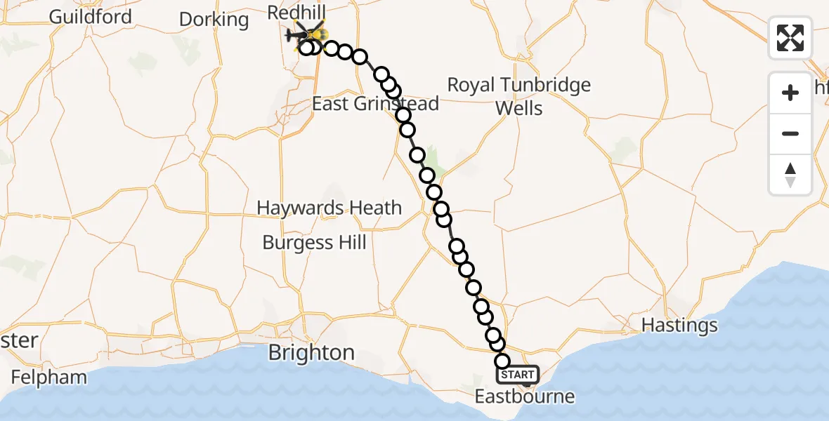 Flight path map showing Police Helicopter route from Eastbourne to Salfords
