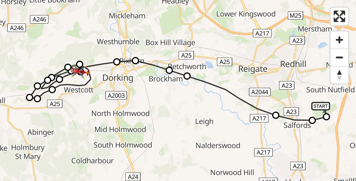 Flight path map showing Air Ambulance Helicopter route from Redhill Aerodrome to Mole Valley