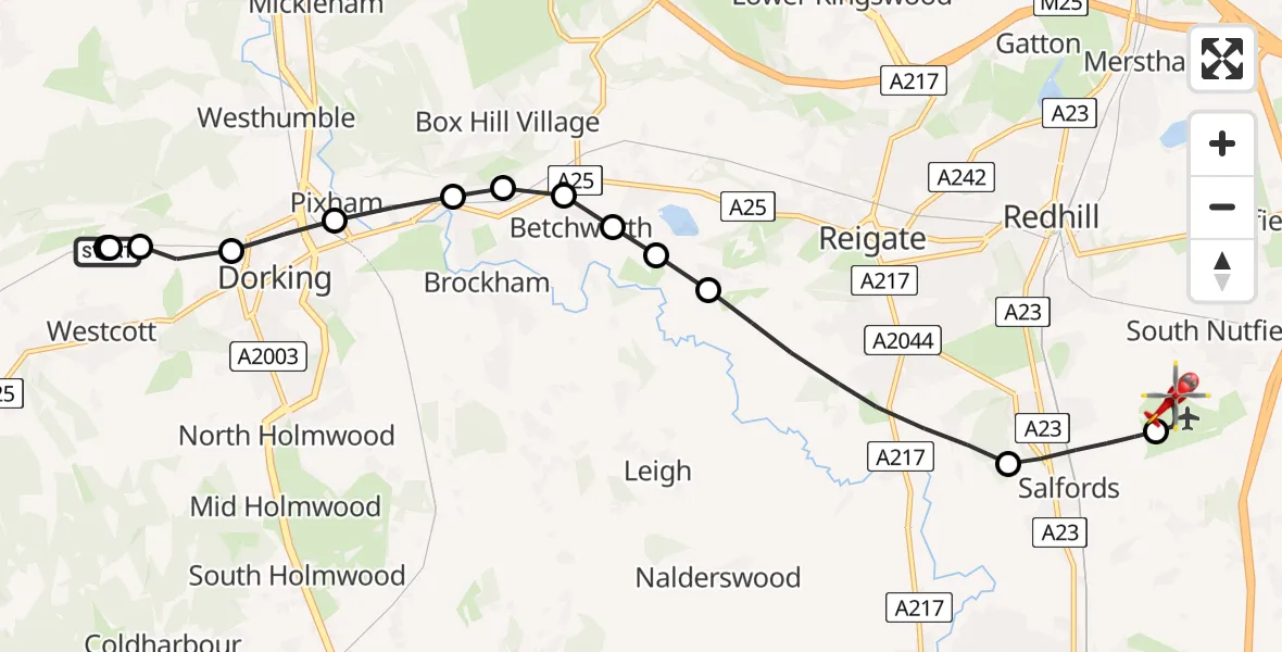 Flight path map showing Air Ambulance Helicopter route from Mole Valley to Redhill Aerodrome