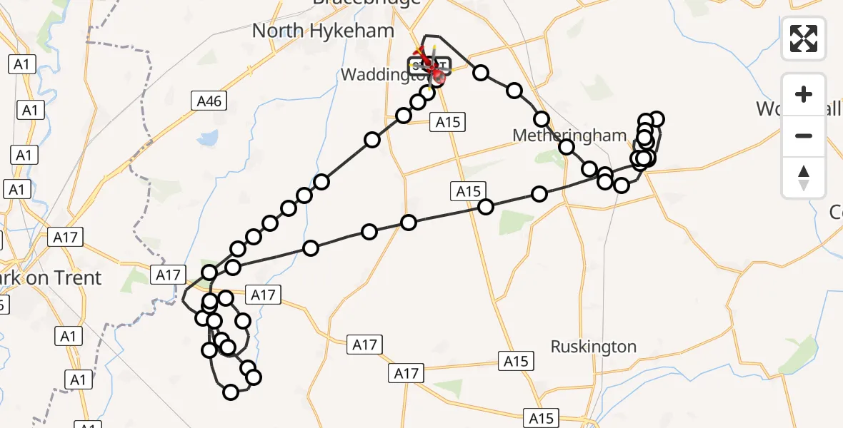 Flight path map showing Air Ambulance Helicopter route from RAF Waddington to North Kesteven