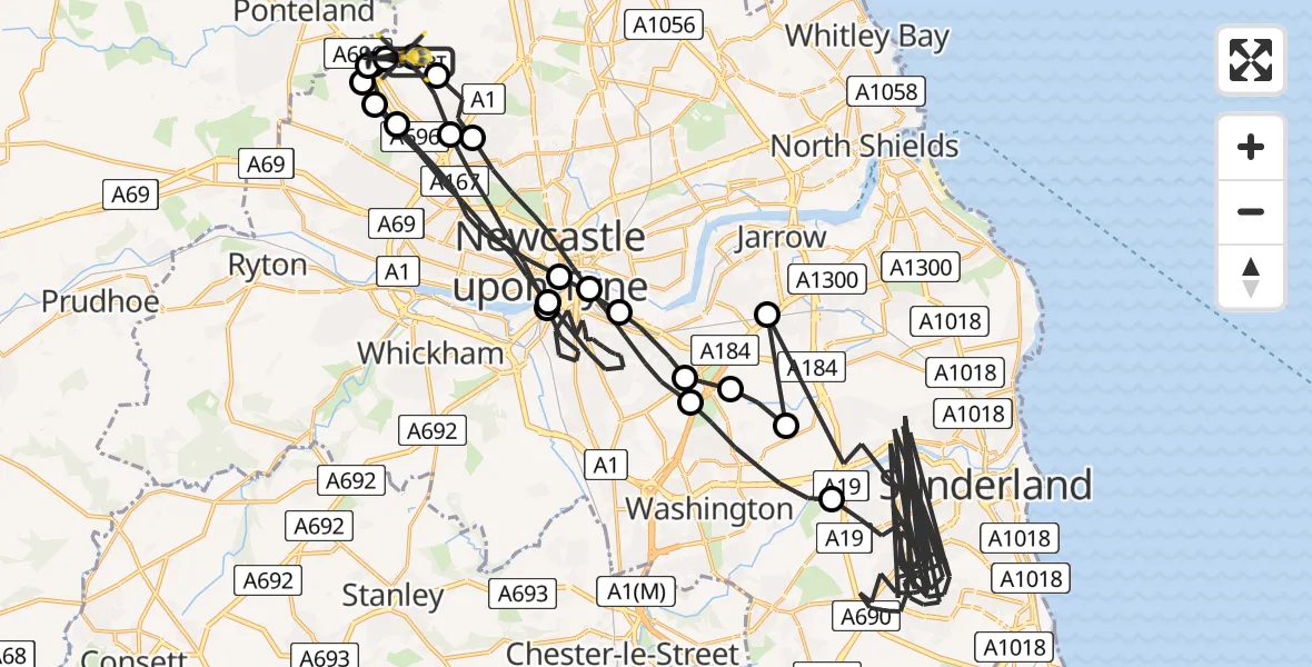 Flight path map showing Police Helicopter route from Newcastle International Airport to Newcastle International Airport