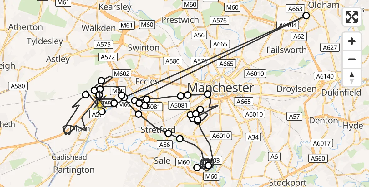 Flight path map showing Police Helicopter route from Manchester Barton Aerodrome to Manchester Barton Aerodrome
