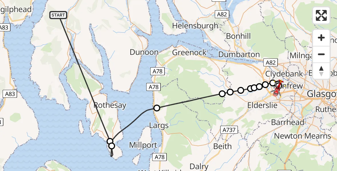 Flight path map showing Air Ambulance Helicopter route from Inner Seas to Glasgow Airport