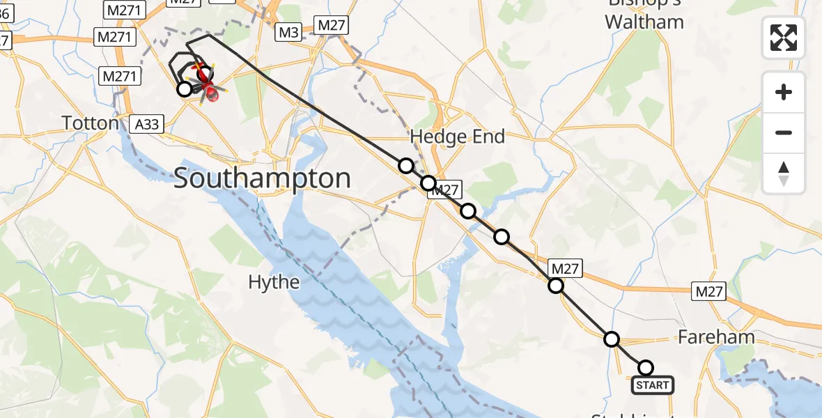 Flight path map showing Air Ambulance Helicopter route from Fareham to University Hospital Southampton