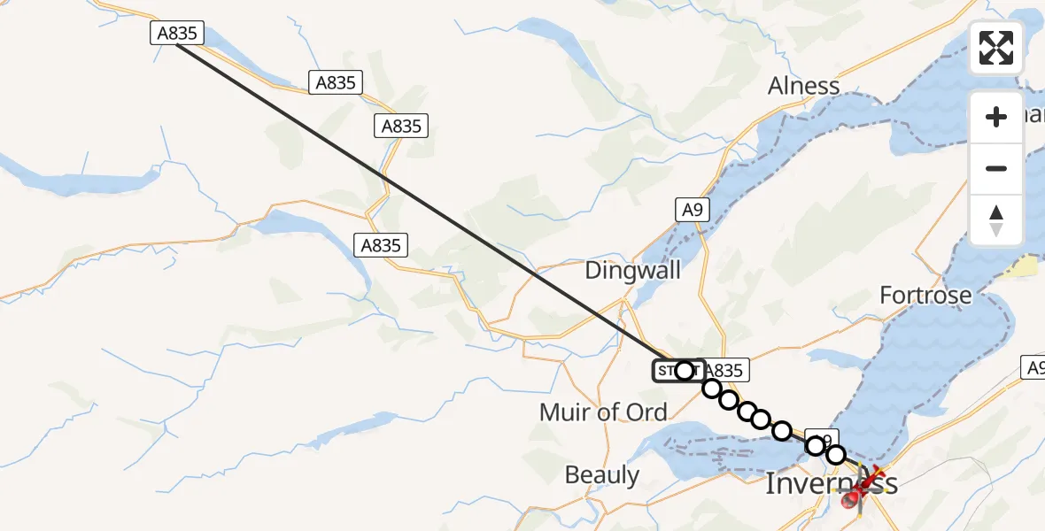 Flight path map showing Air Ambulance Helicopter route from Tore to Inverness
