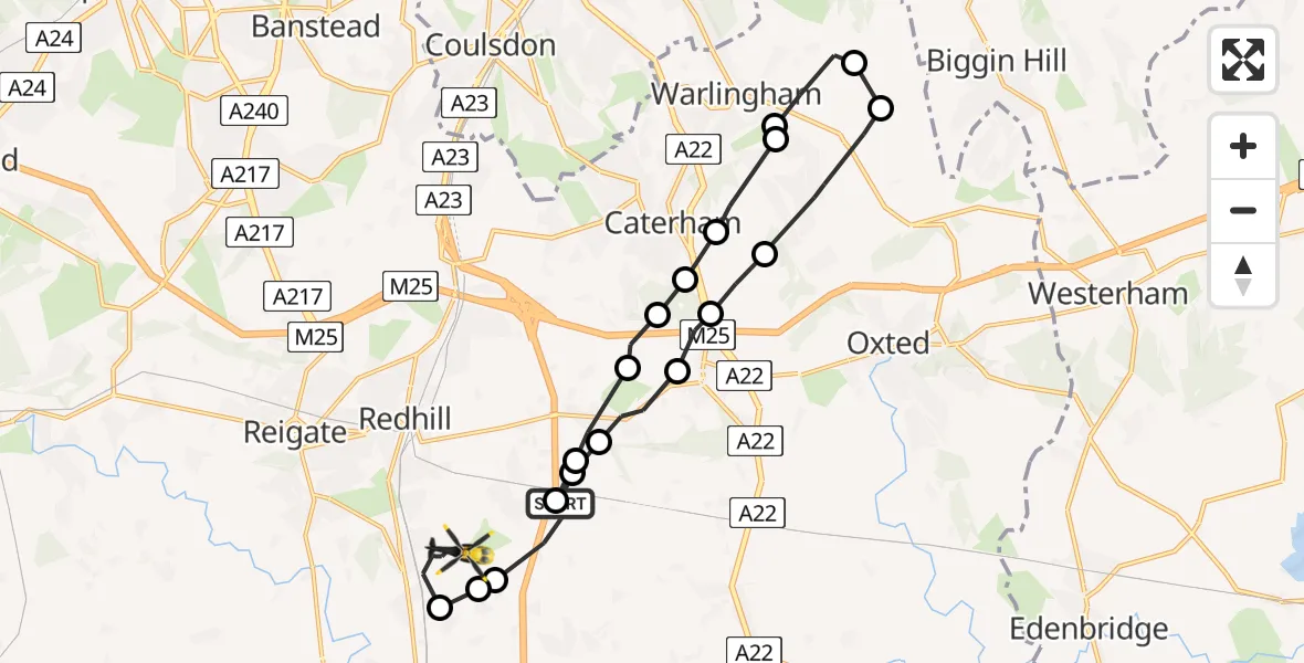 Flight path map showing Police Helicopter route from South Nutfield to Salfords