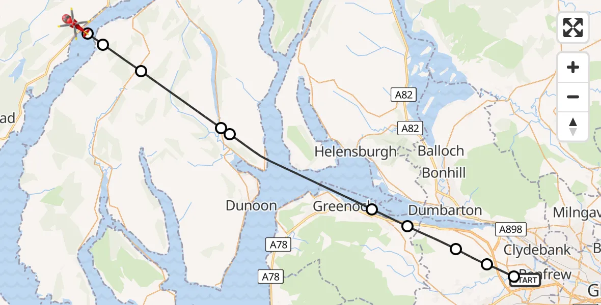 Flight path map showing Air Ambulance Helicopter route from Glasgow Airport to Minard