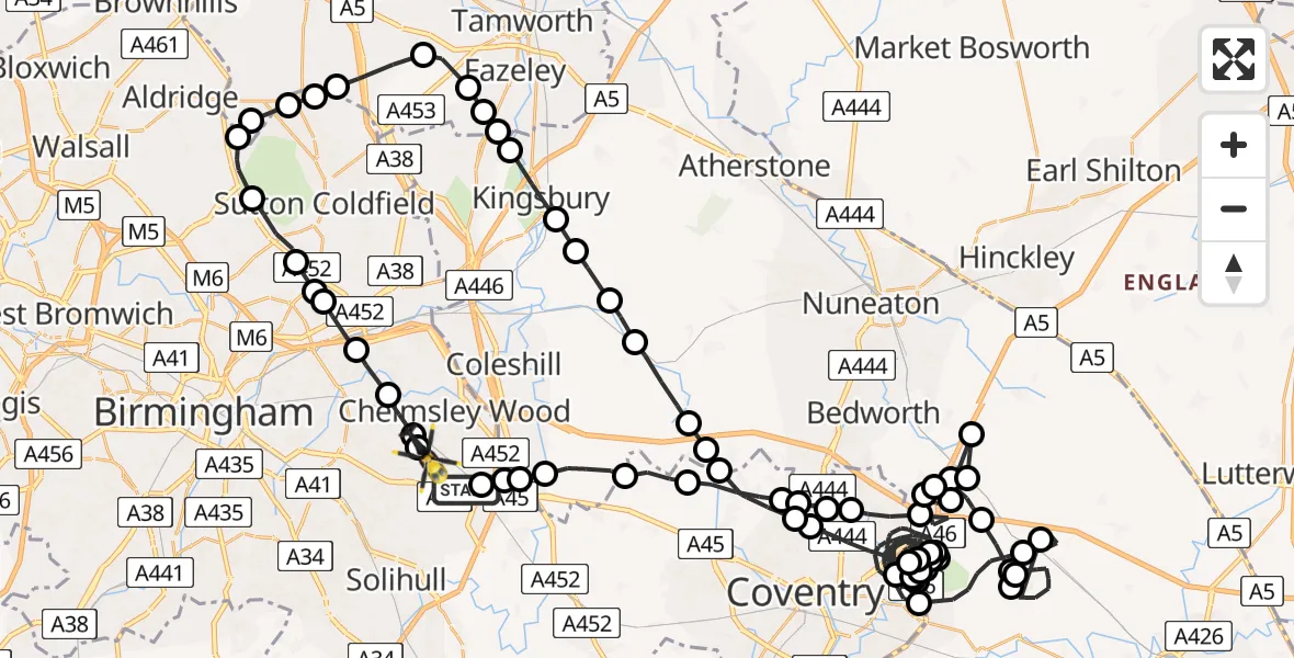 Flight route Police Helicopter Birmingham Airport - Birmingham Airport, 18 March 2026, 22:54