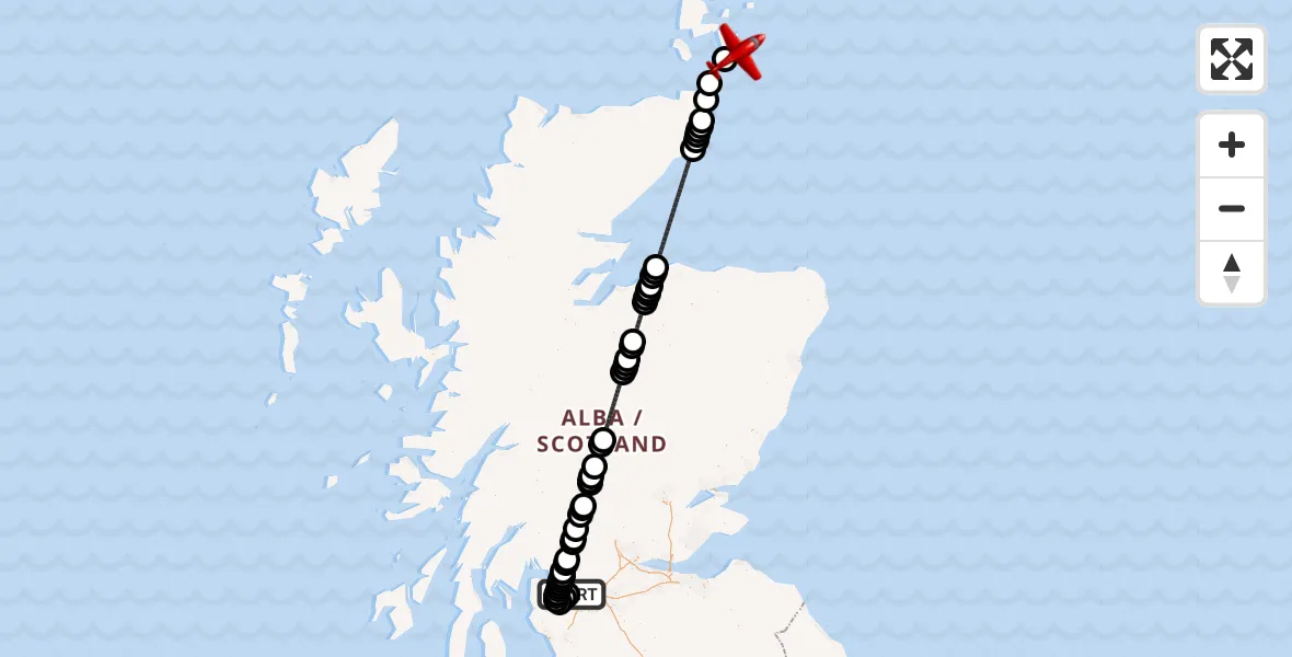 Flight path map showing Air Ambulance Aircraft route from Glasgow Airport to North Sea