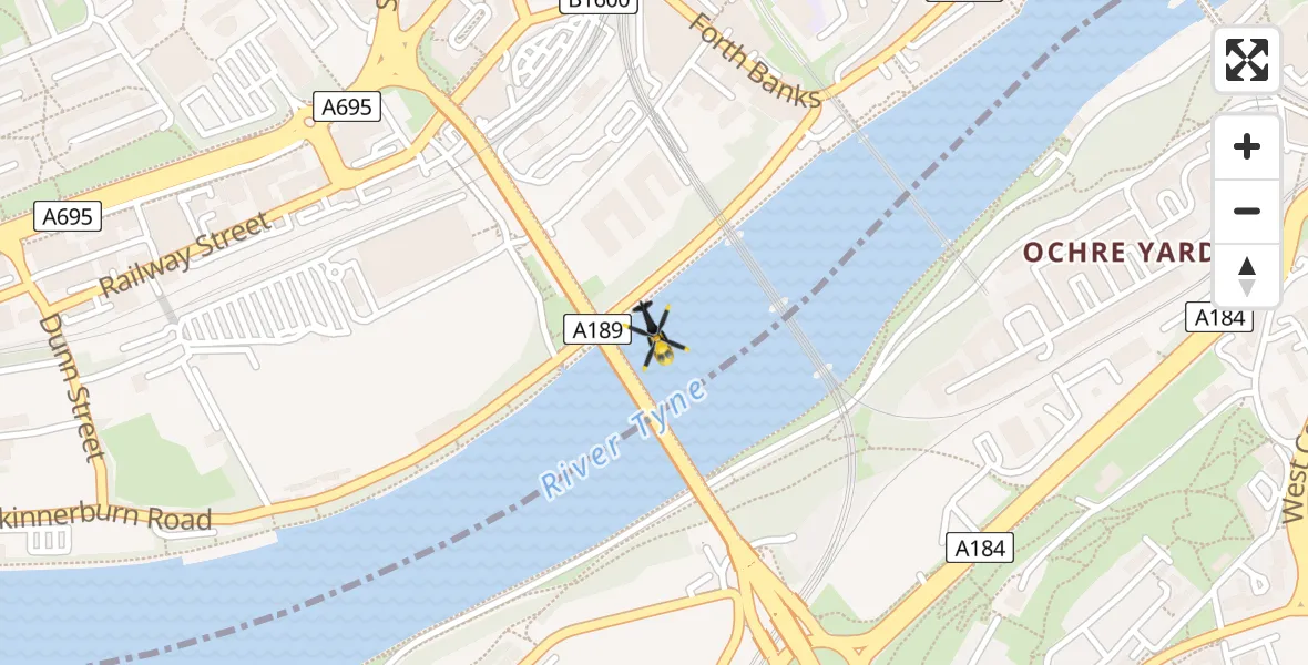 Flight path map showing Police Helicopter route from Newcastle upon Tyne to Newcastle upon Tyne