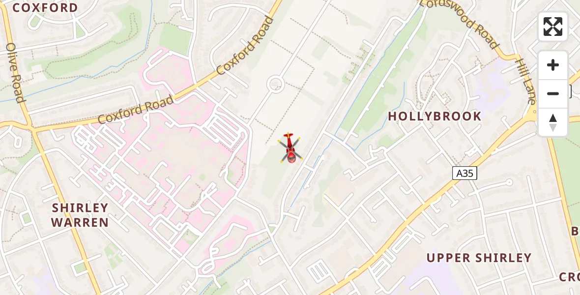 Flight path map showing Air Ambulance Helicopter route from University Hospital Southampton to University Hospital Southampton