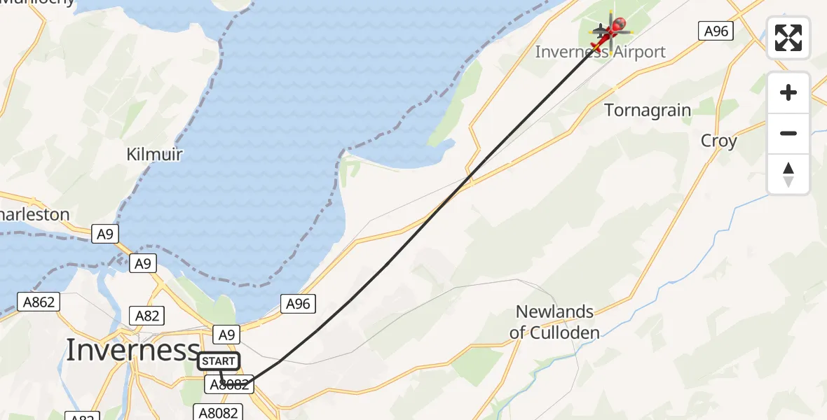 Flight path map showing Air Ambulance Helicopter route from Inverness to Inverness Airport