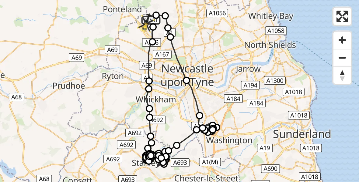 Flight path map showing Police Helicopter route from Newcastle International Airport to Newcastle International Airport