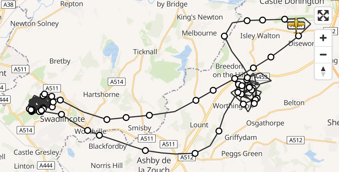Flight path map showing Police Aircraft route from East Midlands Airport to East Midlands Airport
