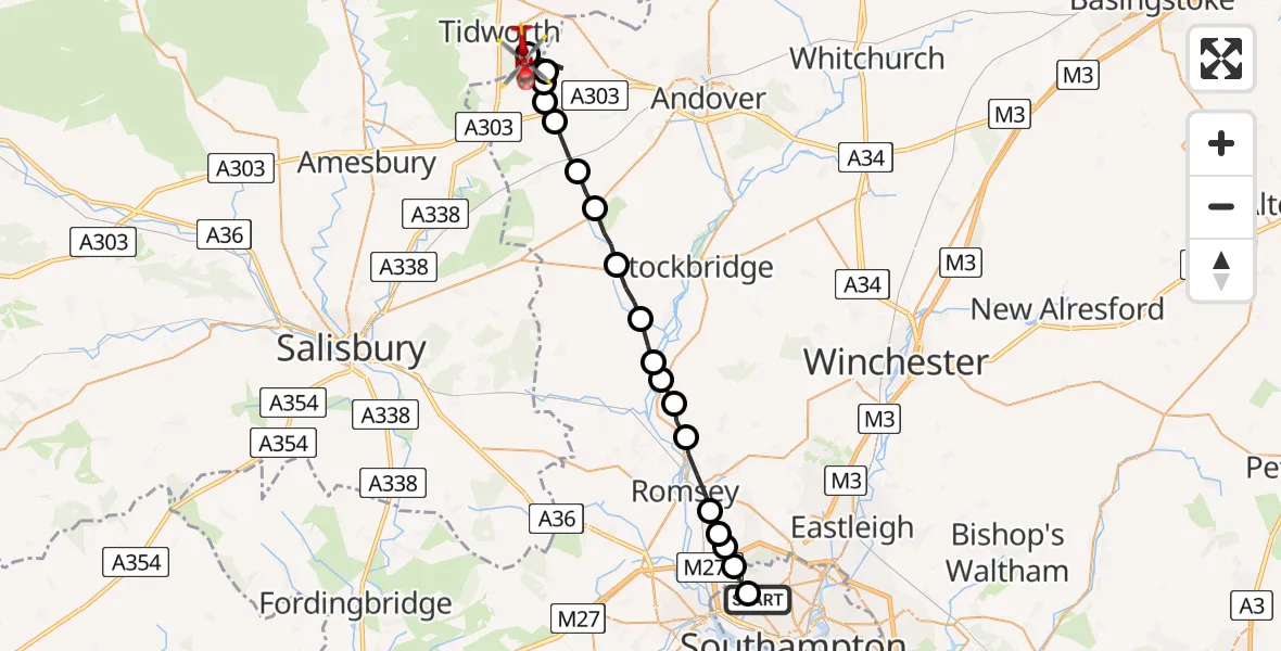 Flight path map showing Air Ambulance Helicopter route from University Hospital Southampton to Tidworth