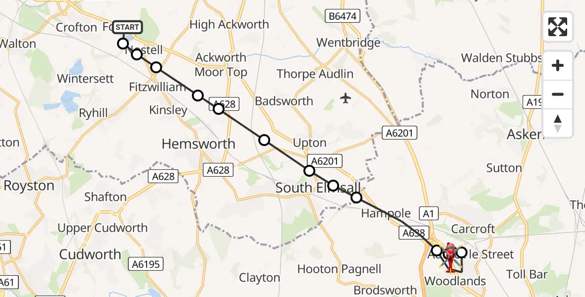 Flight path map showing Air Ambulance Helicopter route from YAA Nostell Helicopter Port to Woodlands