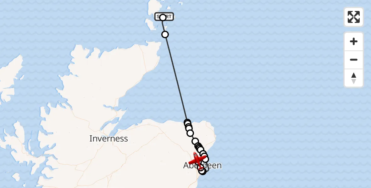 Flight path map showing Air Ambulance Aircraft route from Kirkwall to Aberdeen International Airport