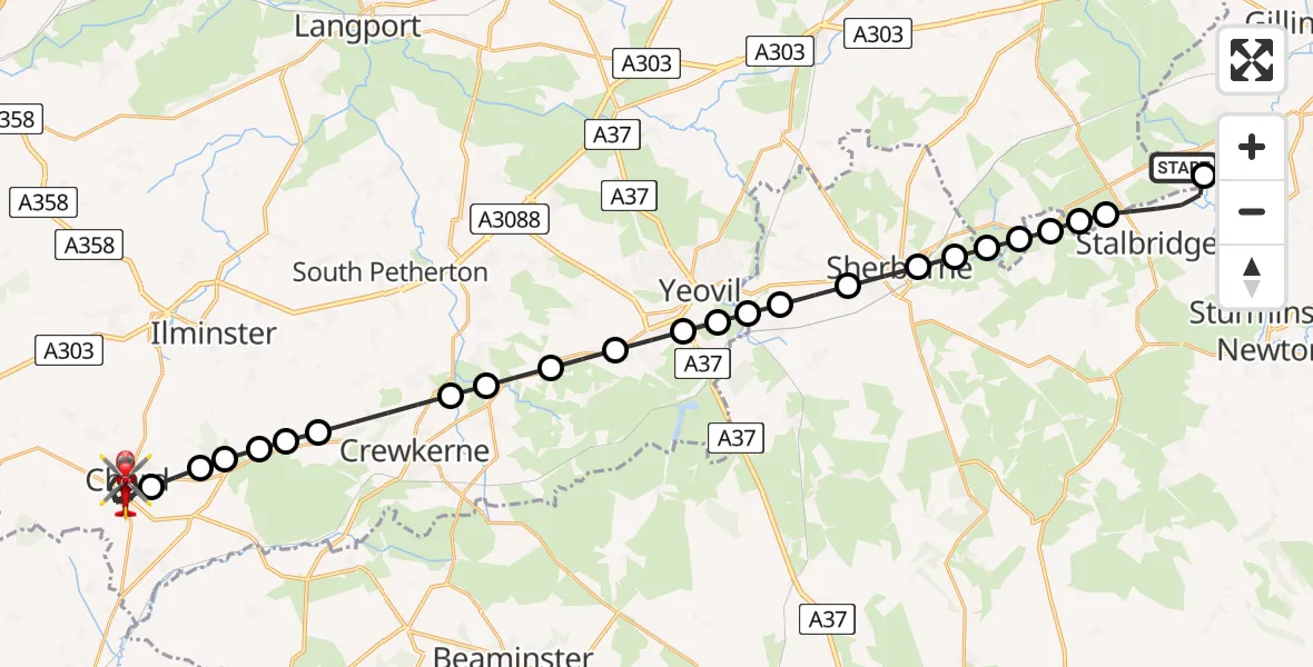 Flight path map showing Air Ambulance Helicopter route from Henstridge Airfield to Chard