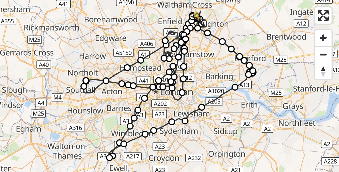 Flight path map showing Police Helicopter route from Sewardstonebury to Sewardstonebury